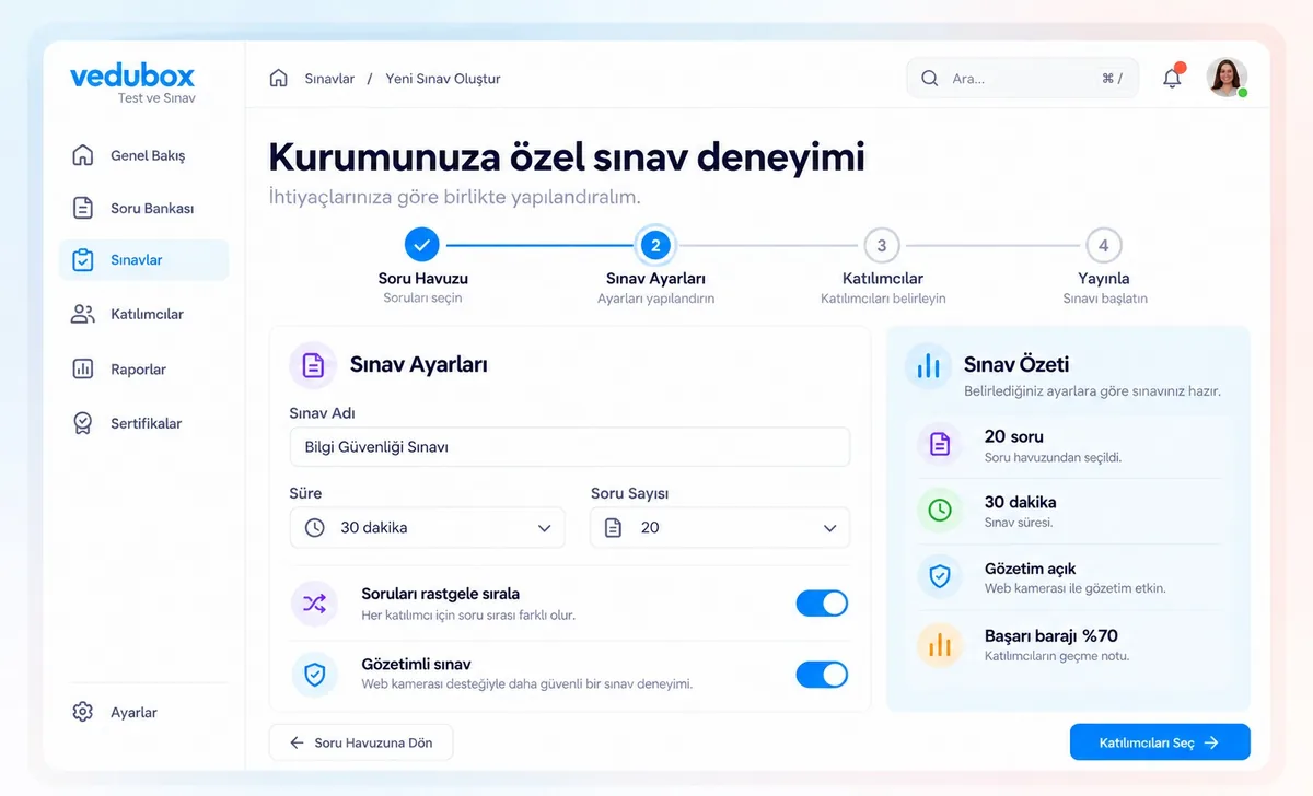 Örnek sınav oluşturma ekranı: süre, soru sayısı, rastgele sıralama, gözetim ve başarı barajı ayarları