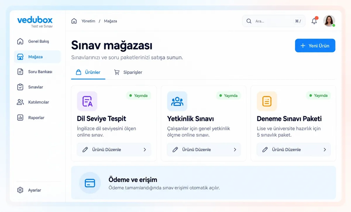 Örnek sınav mağazası yönetimi: sınav ürünleri, paketler ve ödeme sonrası erişim akışı