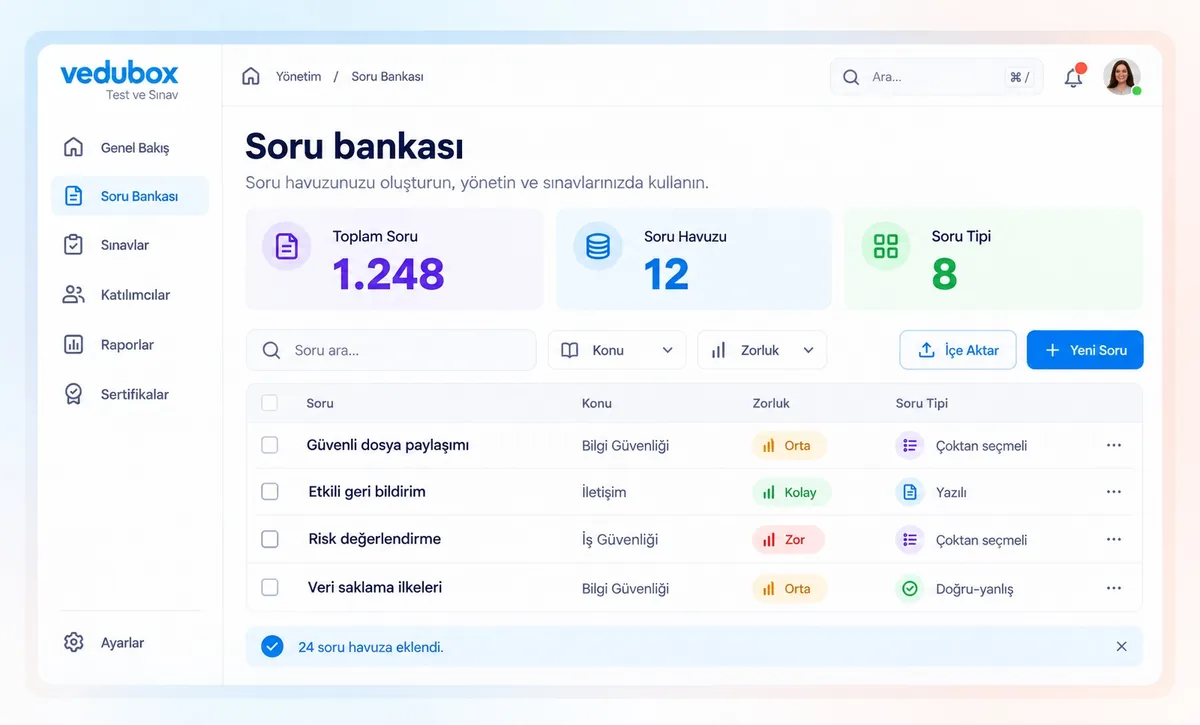 Örnek soru bankası ekranı: konu ve zorluk filtreleri, soru listesi ve toplu içe aktarma
